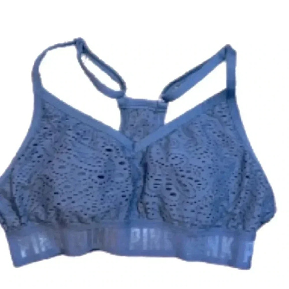 PINK VICTORIA SECRET CROCHET BLUE PADDED SPORTS BRA SIZE XS - Picture 4 of 7